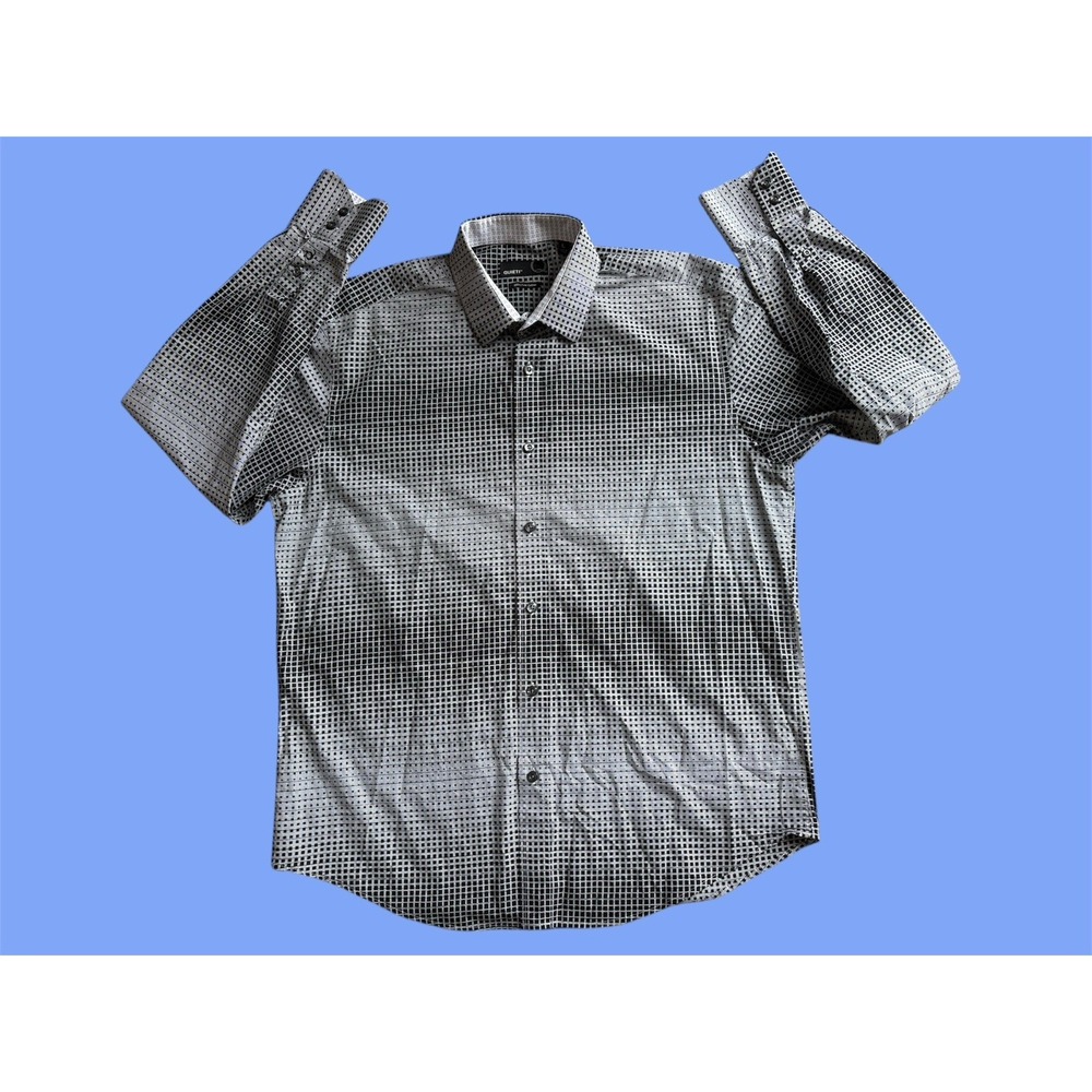 Quieti 100% Fine Cotton Shirt Men's Large‎ Black White Geometric Pattern EUC
